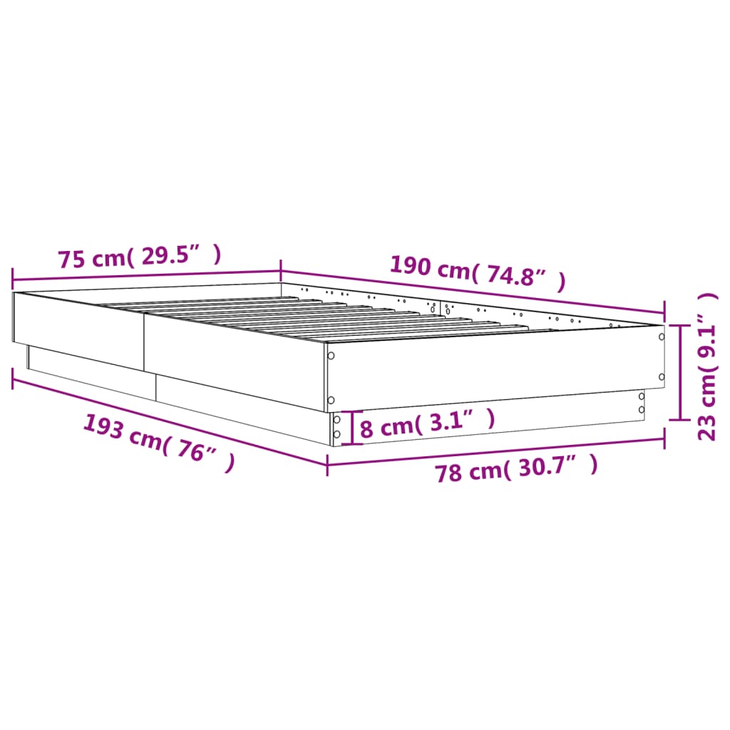 vidaXL gultas rāmis, balts, 75x190 cm, inženierijas koks