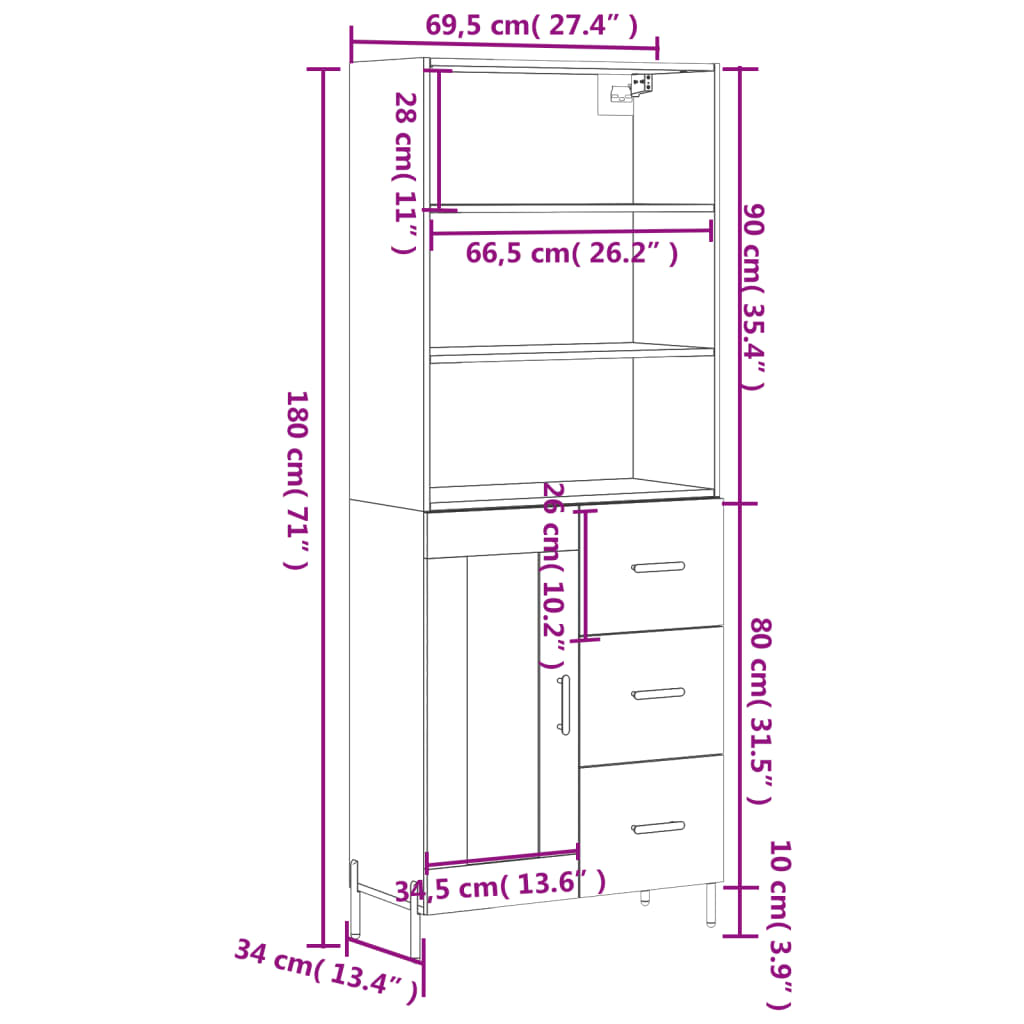 vidaXL augstais skapis, ozolkoka, 69,5x34x180 cm, inženierijas koks