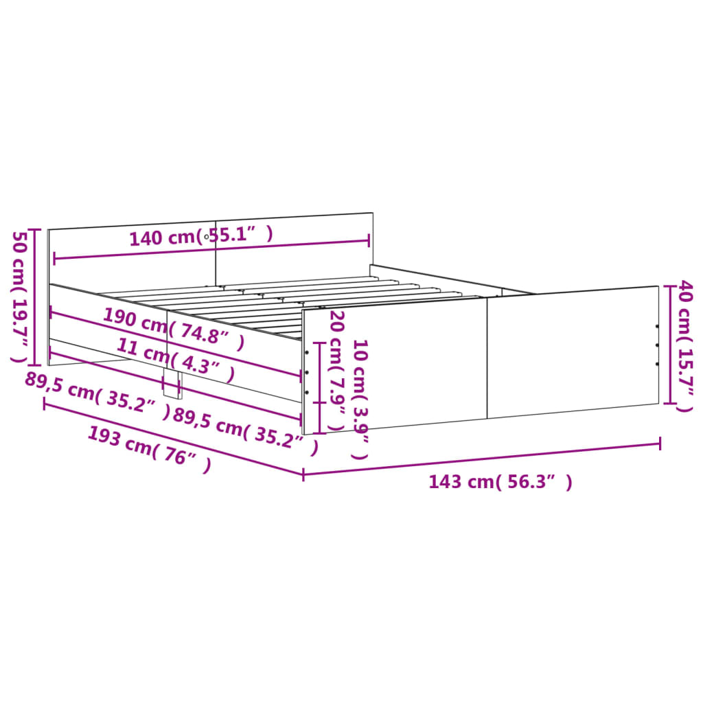 vidaXL gultas rāmis ar galvgali un kājgali, melns, 140x190 cm