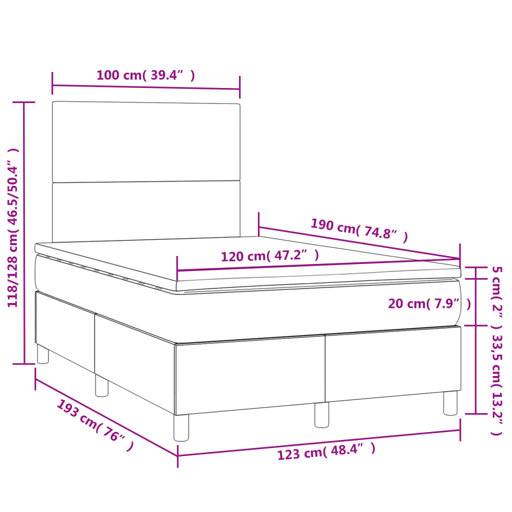 vidaXL atsperu gulta ar matraci, LED, rozā samts, 120x190 cm