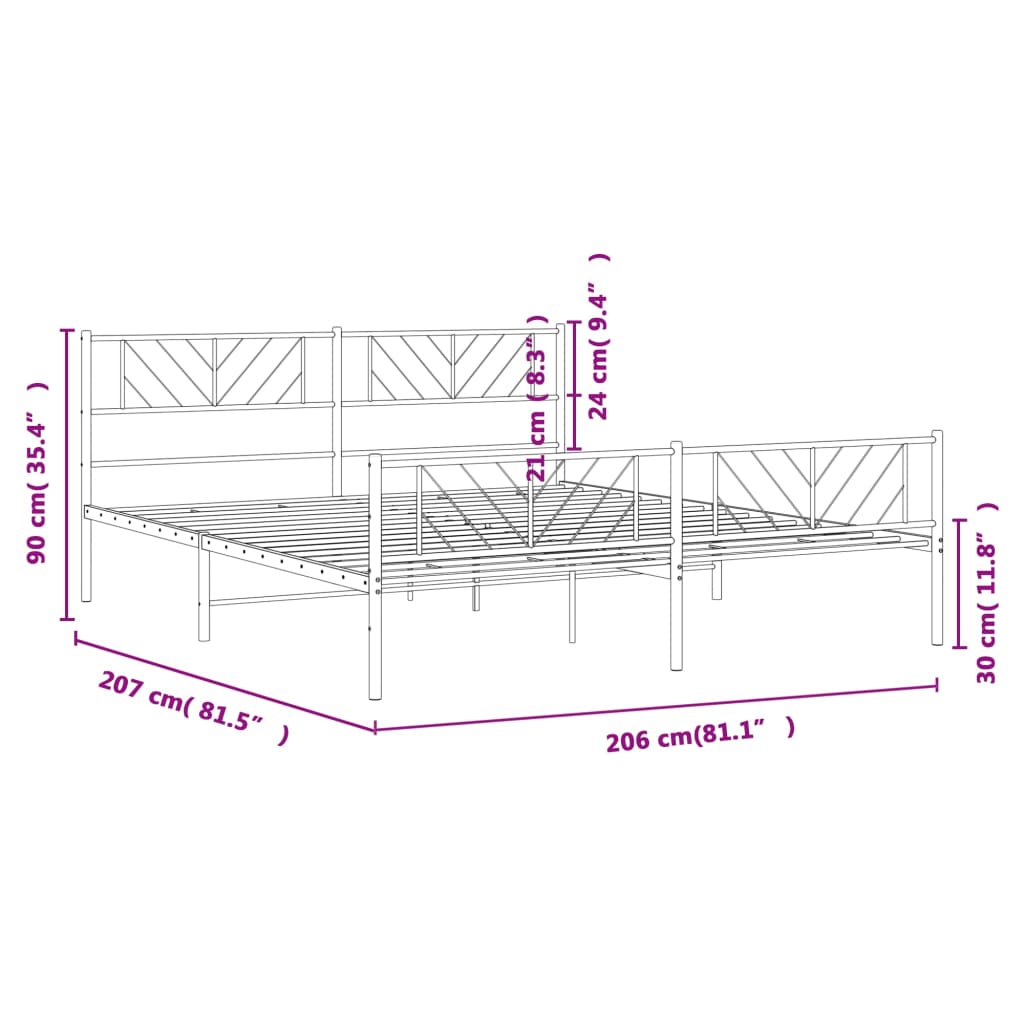 vidaXL gultas rāmis ar galvgali un kājgali, melns metāls, 200x200 cm