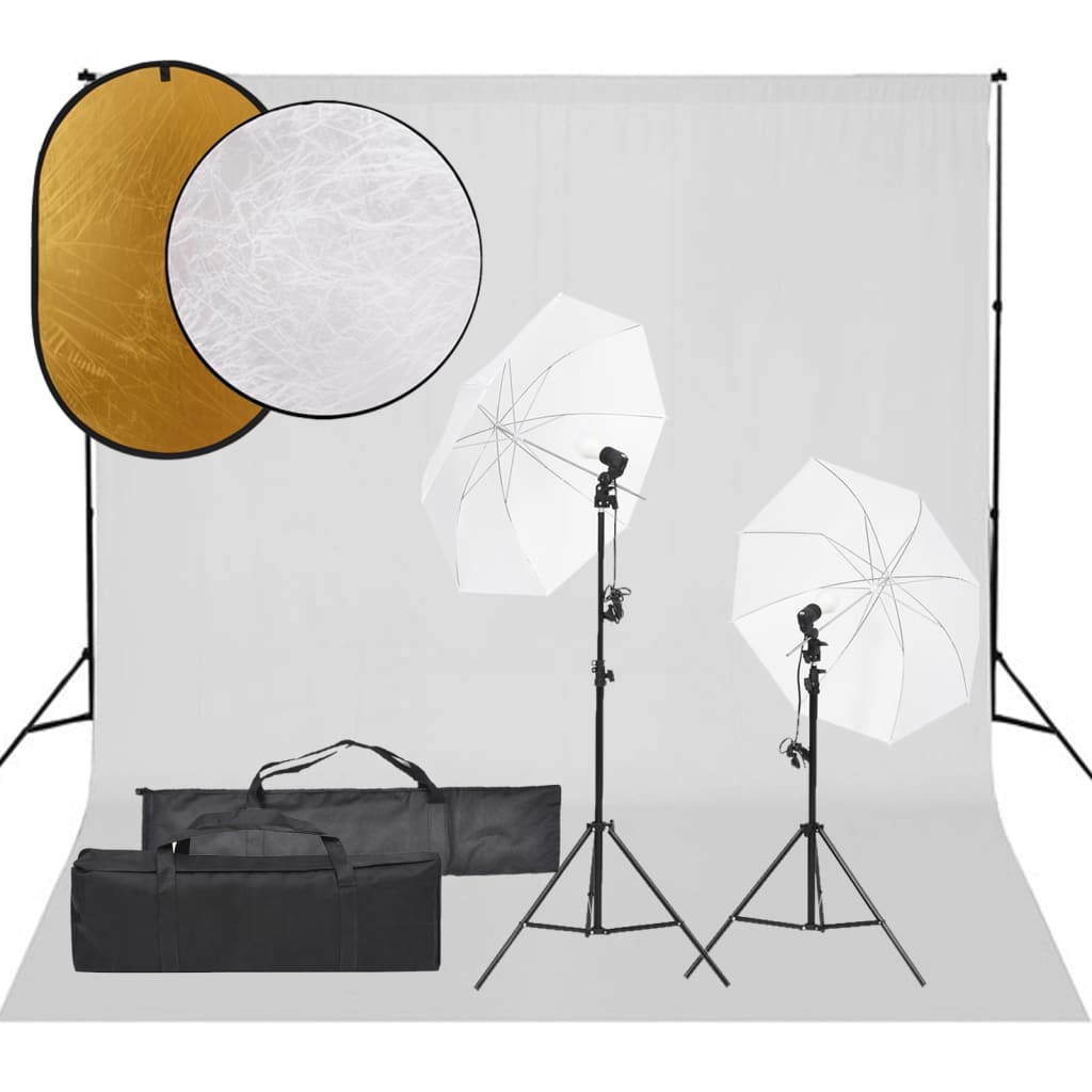 vidaXL fotostudijas komplekts – gaismas, fons, reflektori