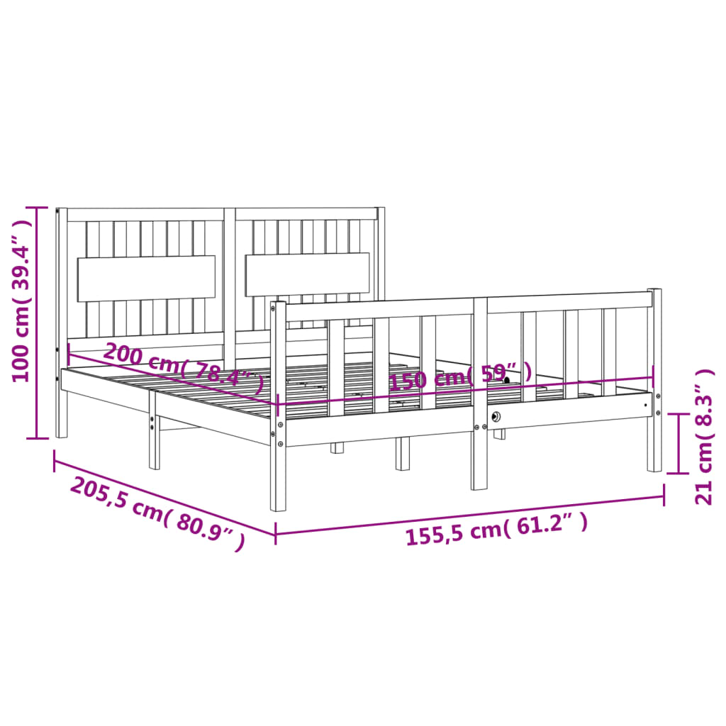 vidaXL gultas rāmis ar galvgali, King size izmērs, masīvkoks, balts