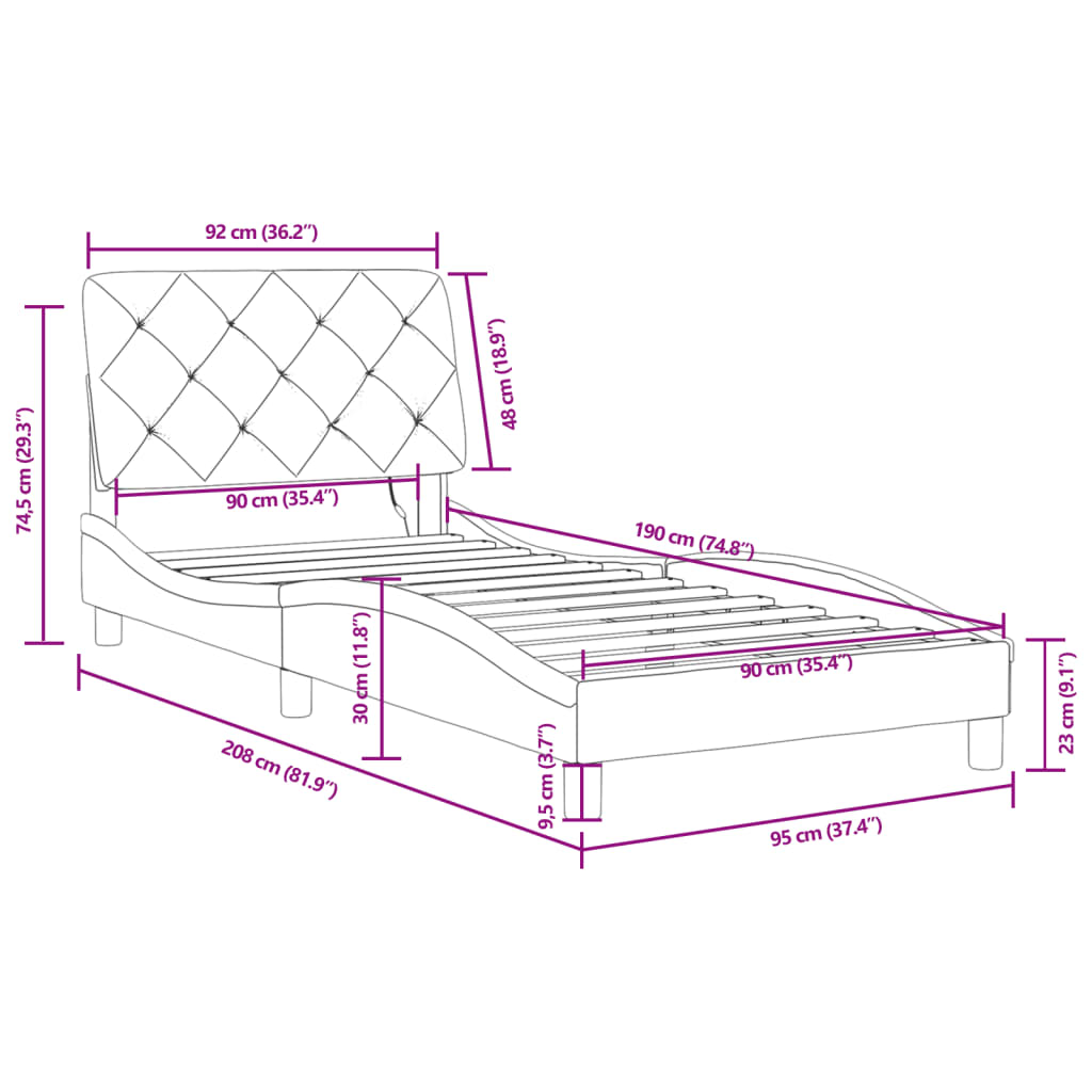 vidaXL gultas rāmis ar LED, tumši pelēks, 90x190 cm, samts