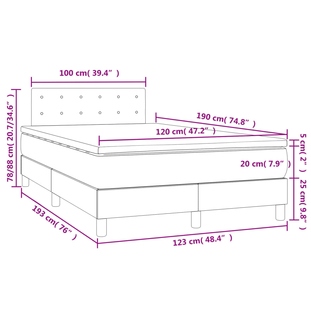 vidaXL atsperu gulta ar matraci, LED, zils audums, 120x190 cm