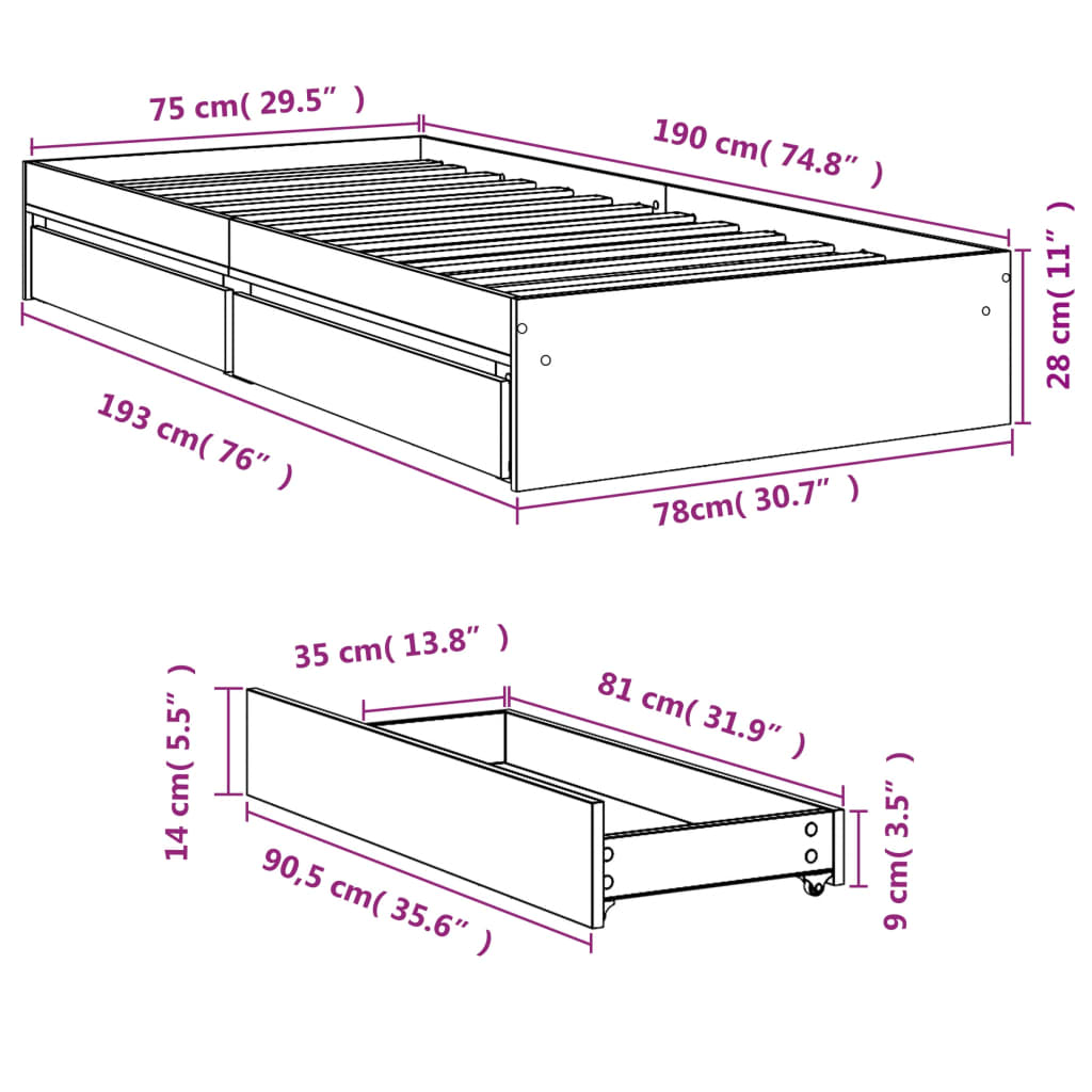 vidaXL gultas rāmis ar atvilktnēm, pelēka ozola, 75x190 cm