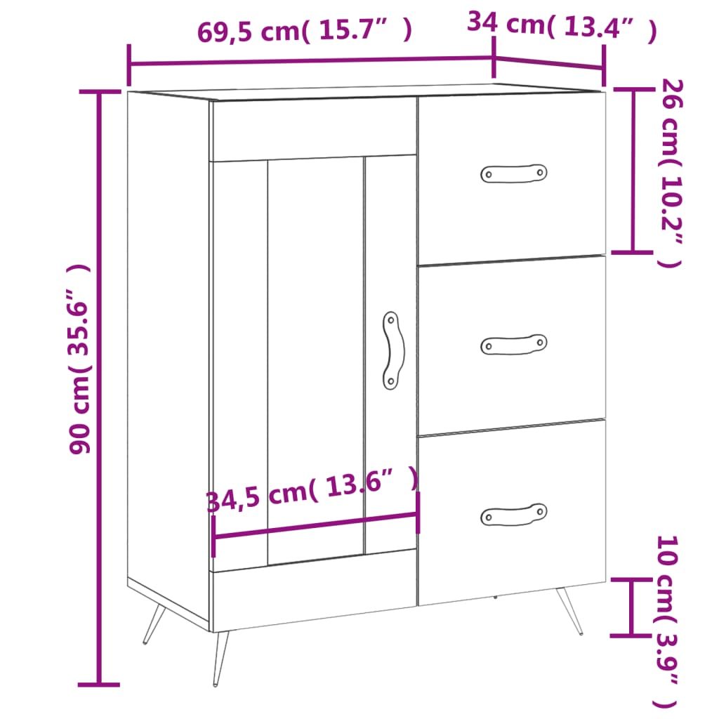 vidaXL kumode, ozolkoka krāsa, 69,5x34x90 cm, inženierijas koks