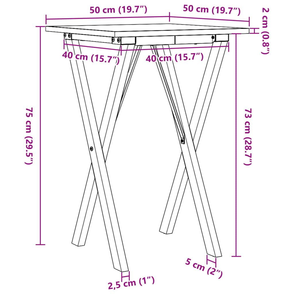 vidaXL virtuves galds, X-rāmis, 50x50x75 cm, priedes koks, čuguns