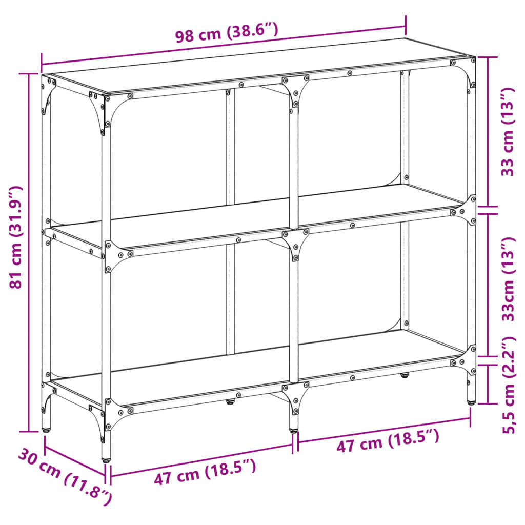 vidaXL konsoles galds ar melnu stikla virsmu, 98x30x81 cm, tērauds