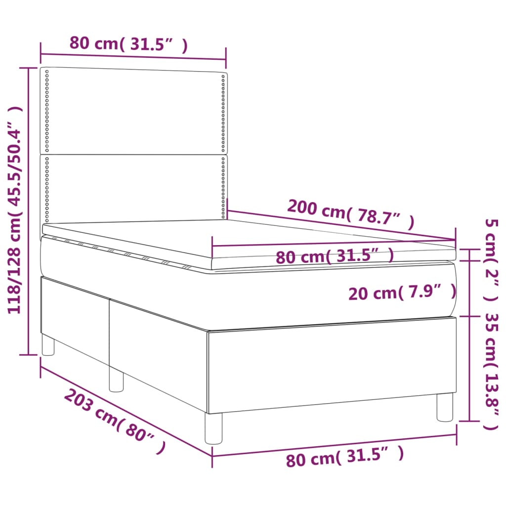 vidaXL atsperu gulta ar matraci, LED, tumši zaļš samts, 80x200 cm