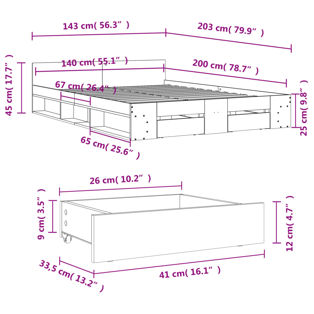 vidaXL gultas rāmis ar atvilktnēm, ozola, 140x200cm, inženierijas koks