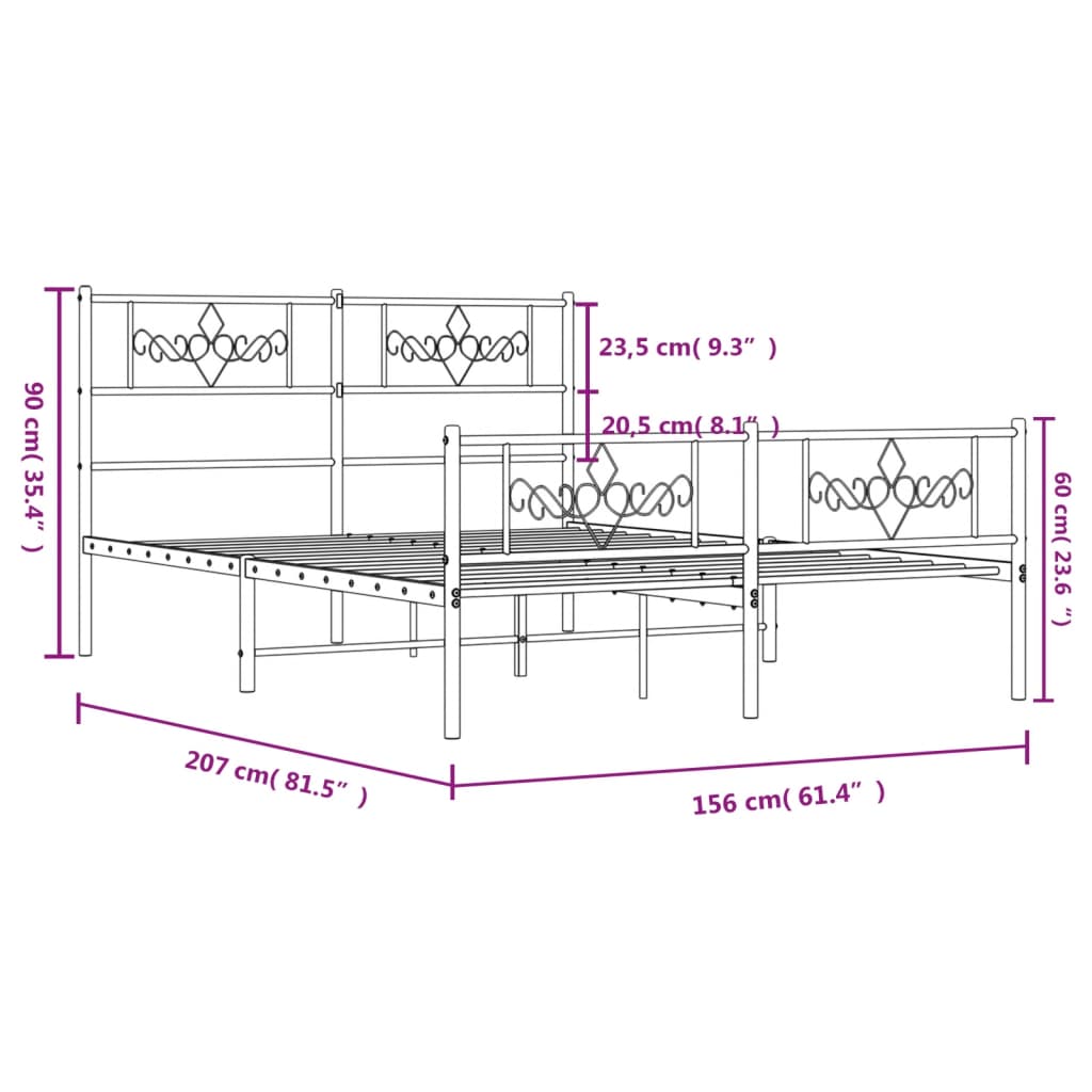 vidaXL gultas rāmis ar galvgali un kājgali, balts metāls, 150x200 cm