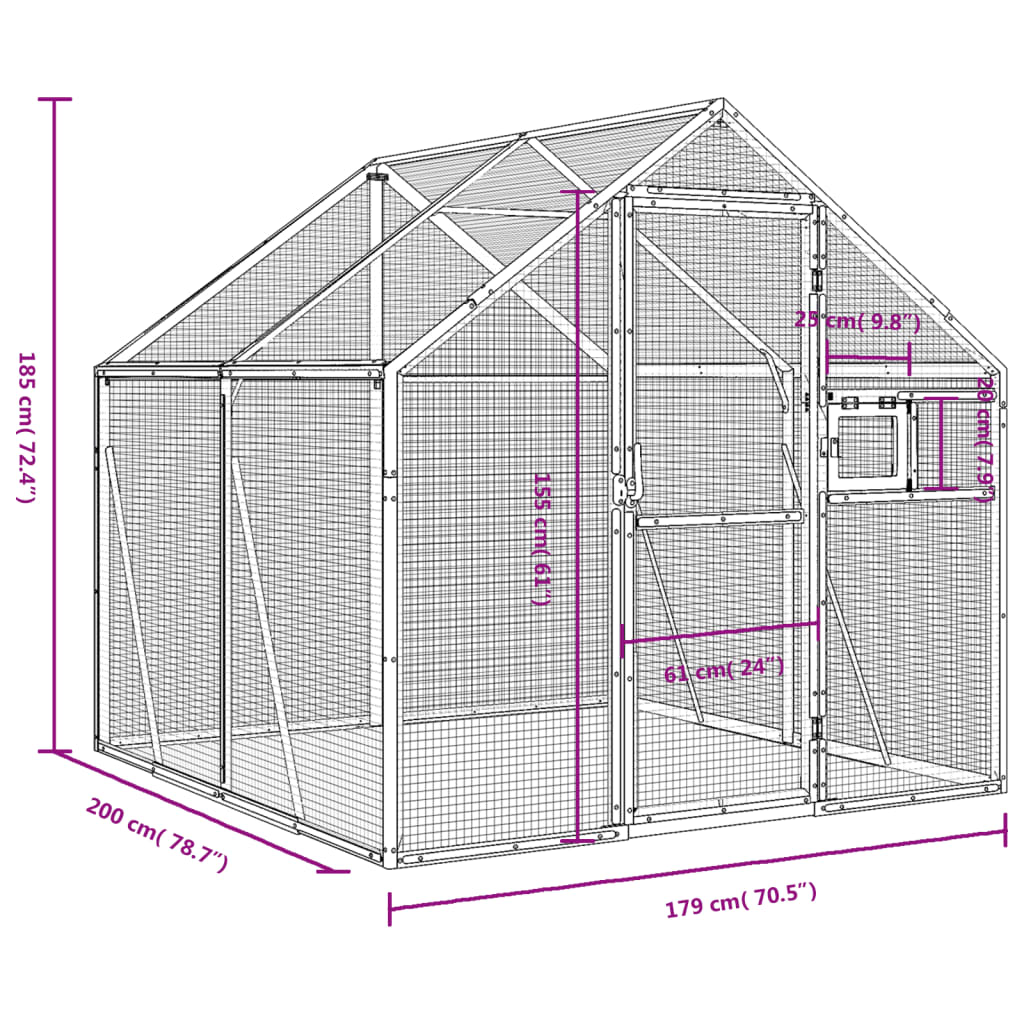 vidaXL putnu māja, sudraba krāsa, 1,79x2x1,85 m, alumīnijs