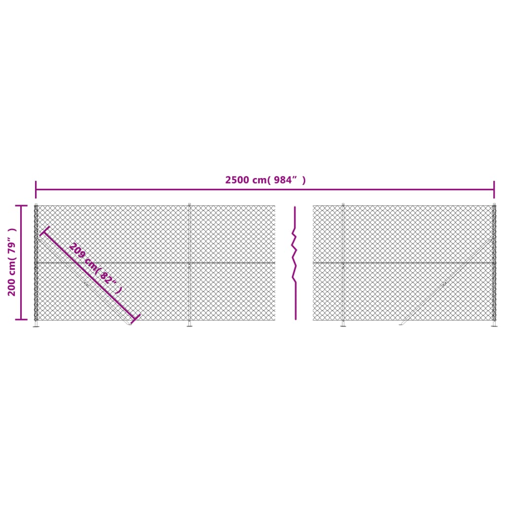 vidaXL stiepļu žogs ar atloku, 2x25 m, antracītpelēks