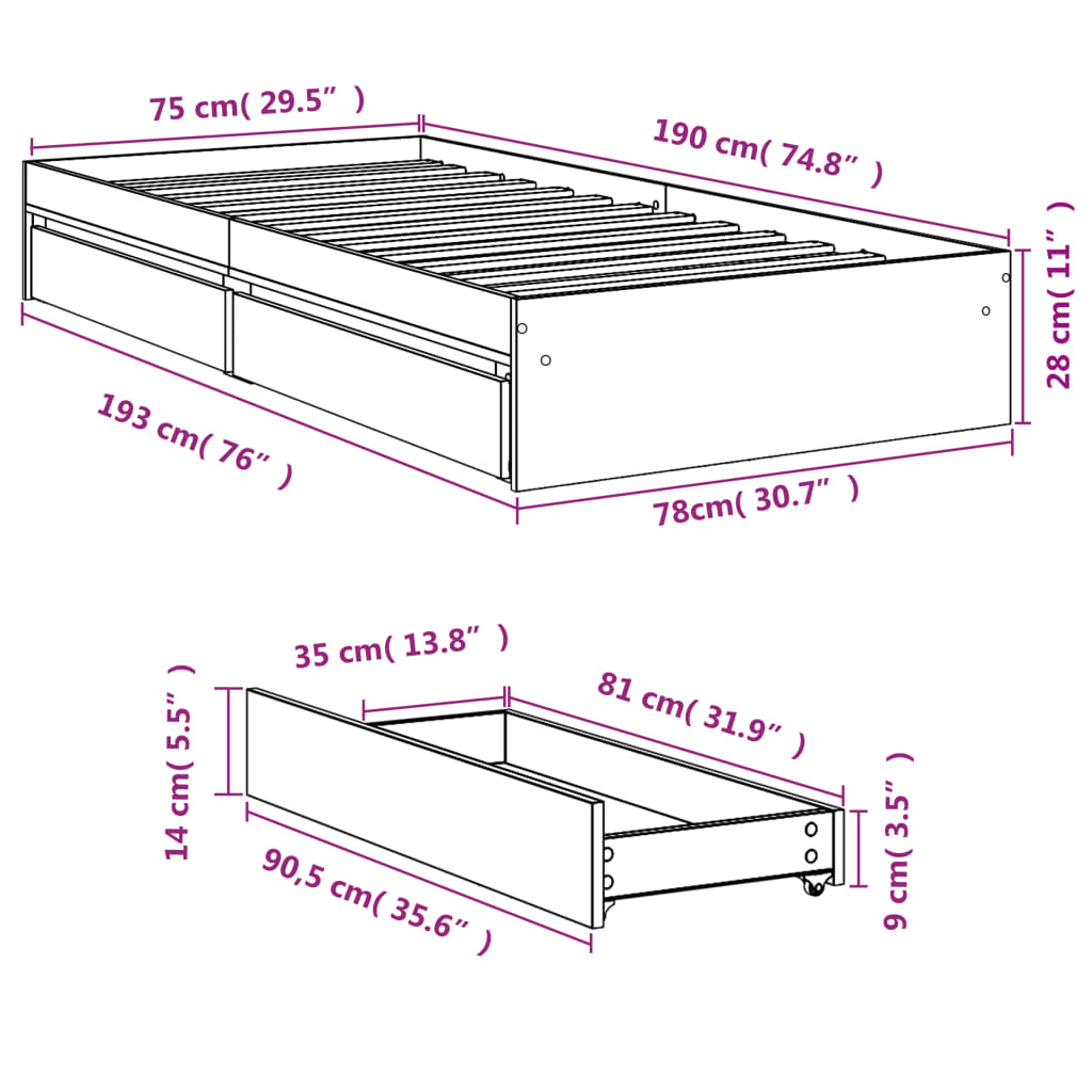 vidaXL gultas rāmis ar atvilktnēm, ozolkoka krāsā, 75x190 cm