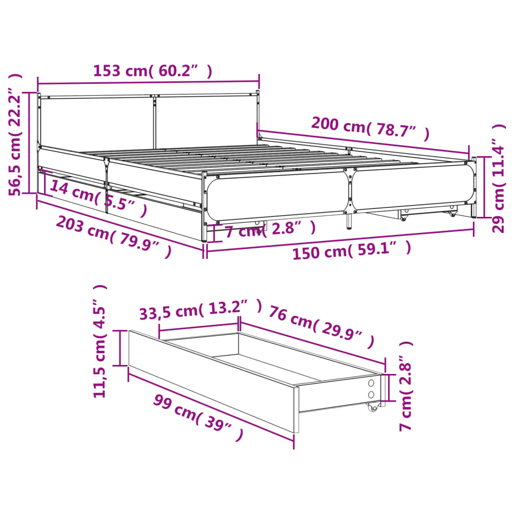 vidaXL gultas rāmis ar atvilktnēm, melns, 150x200cm, inženierijas koks