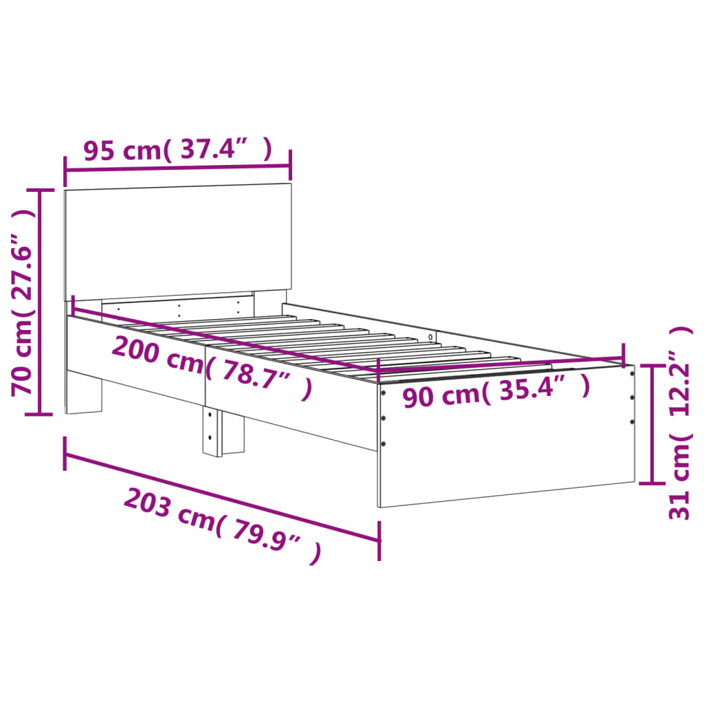 vidaXL gultas rāmis ar galvgali, ozola, 90x200 cm, inženierijas koks