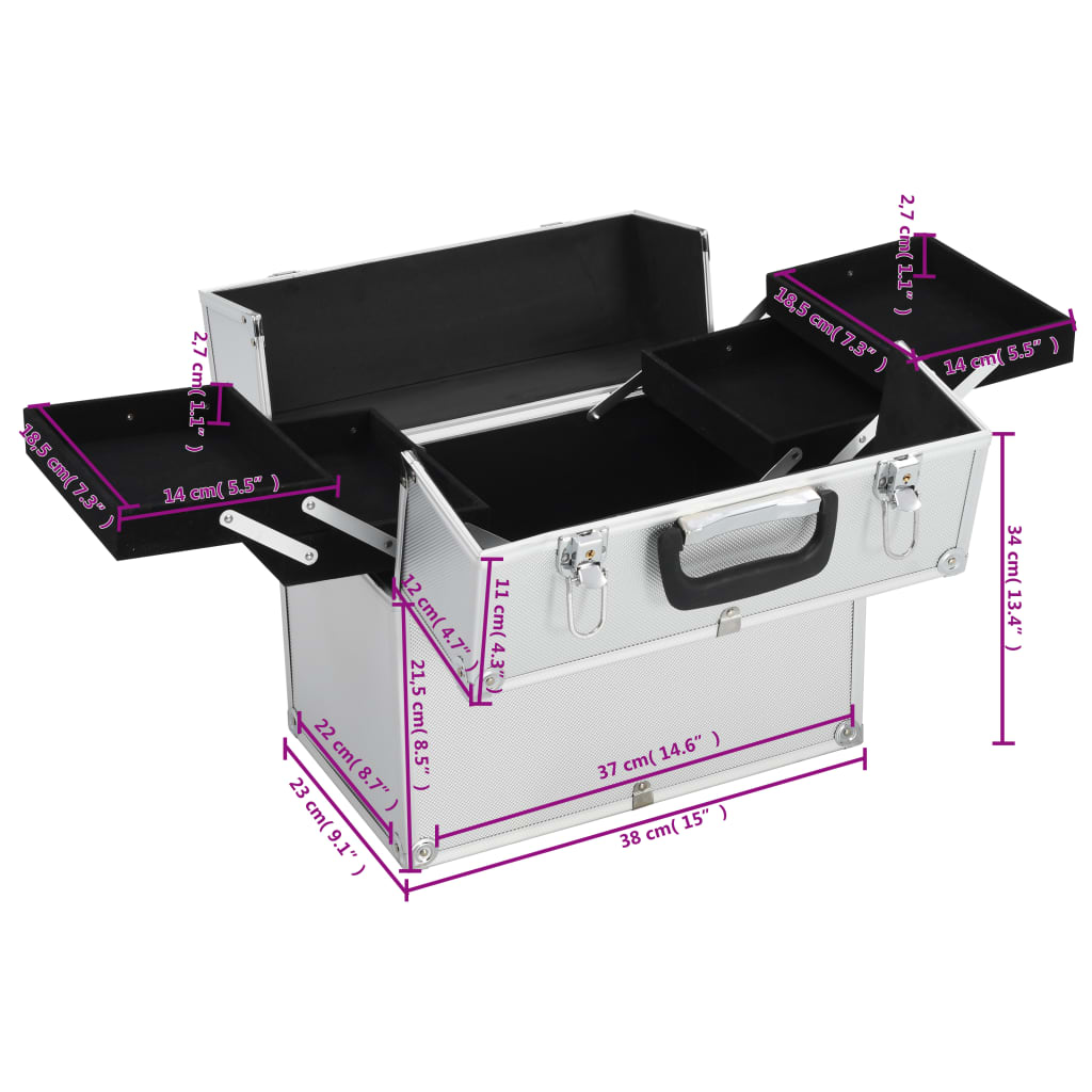 vidaXL kosmētikas koferis, 38x23x34 cm, alumīnijs, sudraba krāsā