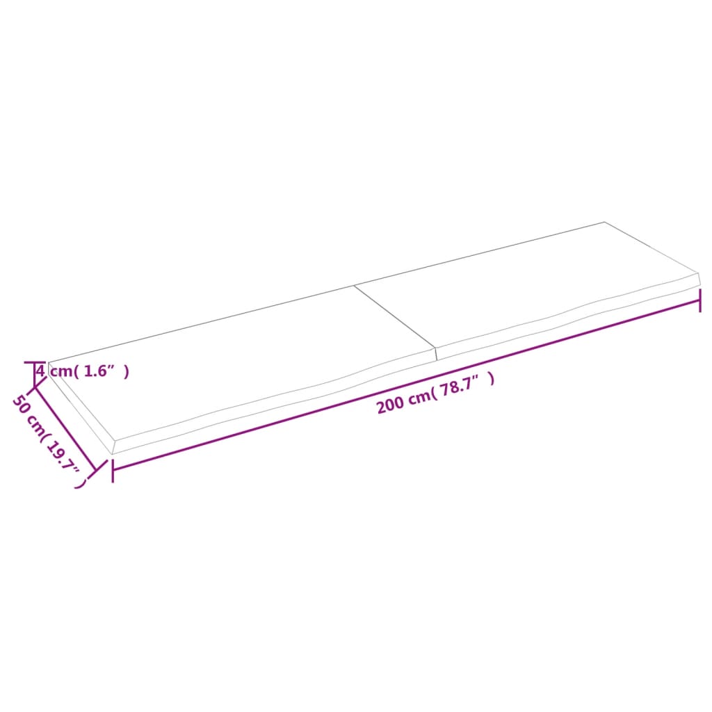 vidaXL galda virsma, 200x50x(2-4) cm, neapstrādāts ozola masīvkoks