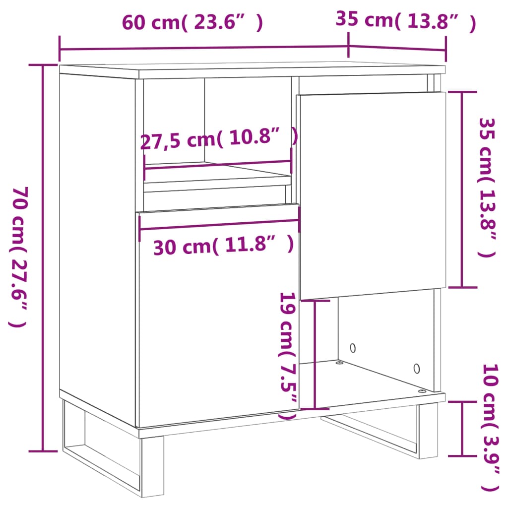 vidaXL kumode, pelēka ozolkoka, 60x35x70 cm, inženierijas koks