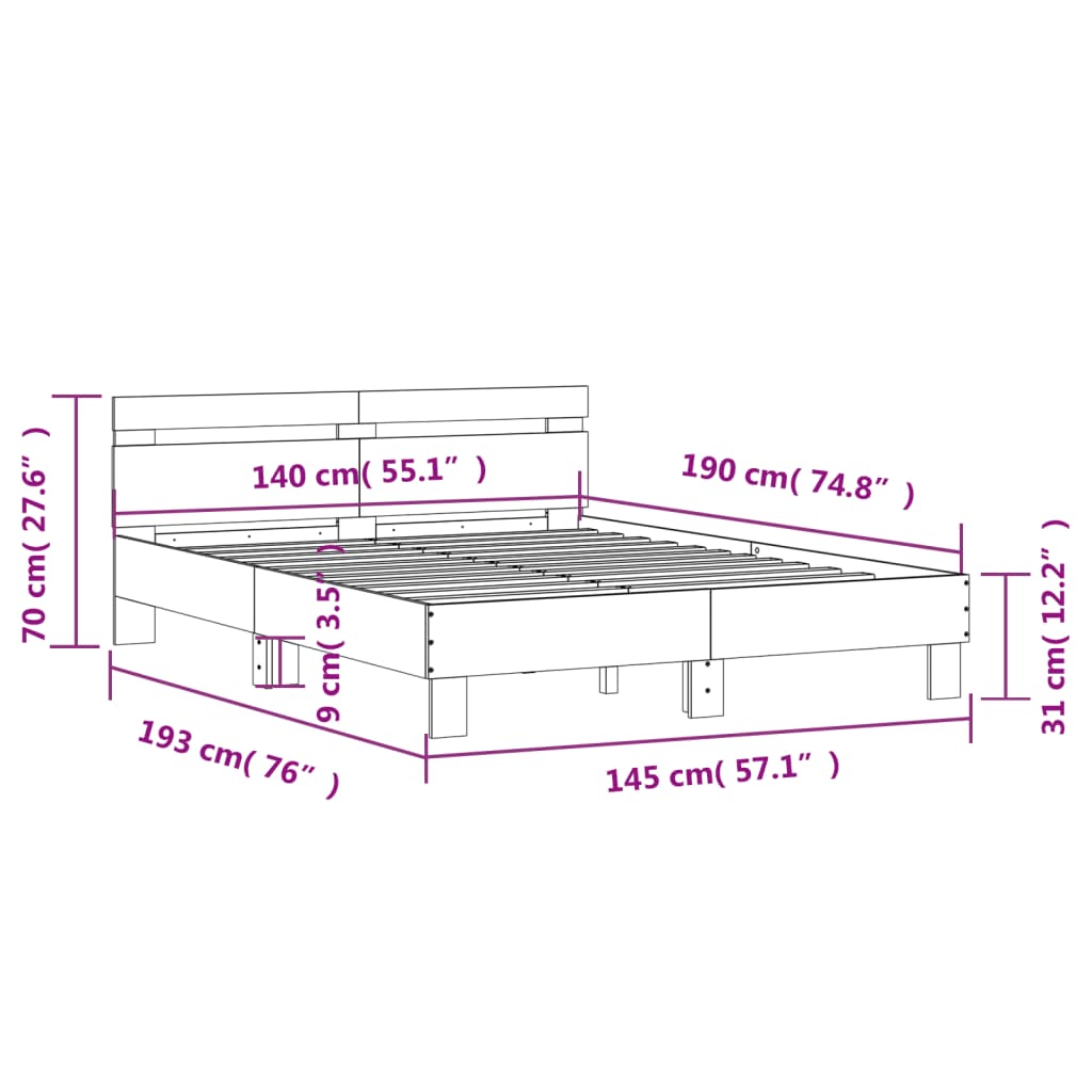 vidaXL gultas rāmis ar galvgali, balts, 140x190 cm, inženierijas koks