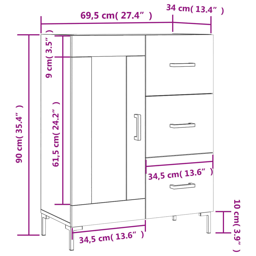 vidaXL kumode, balta, 69,5x34x90 cm, inženierijas koks