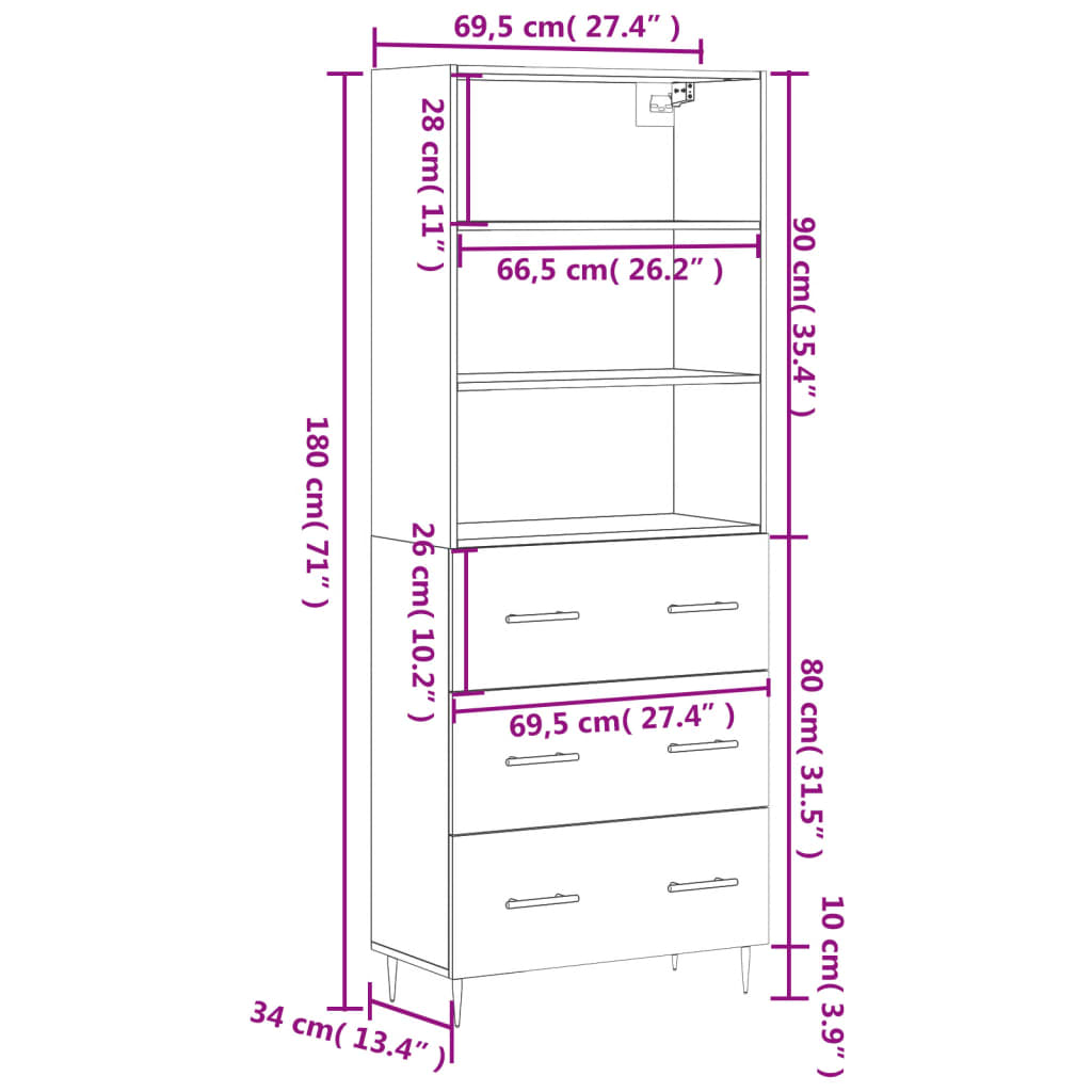 vidaXL augstais skapis, ozolkoka, 69,5x34x180 cm, inženierijas koks