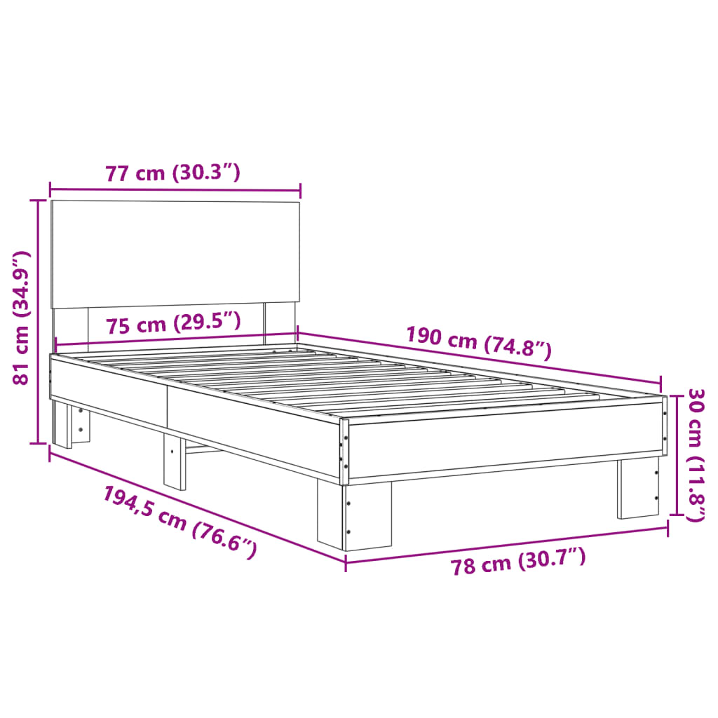 vidaXL gultas rāmis, ozola krāsā, 75x190 cm, inženierijas koks, metāls