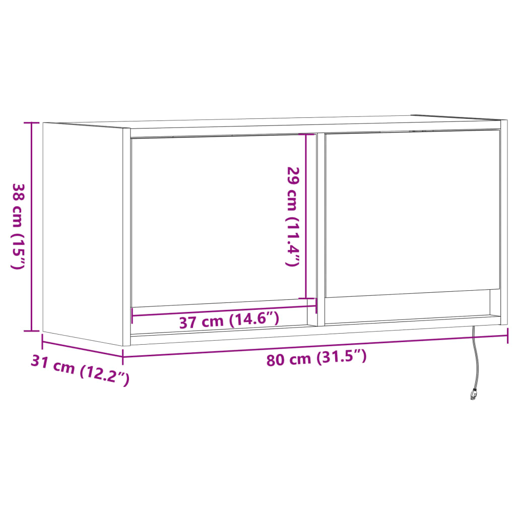 vidaXL TV sienas skapītis ar LED lampiņām, brūna ozola, 80x31x38 cm