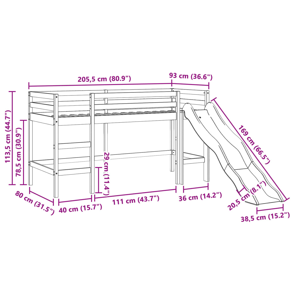 vidaXL bērnu augstā gulta ar tuneli, zila, 80x200 cm, priedes koks