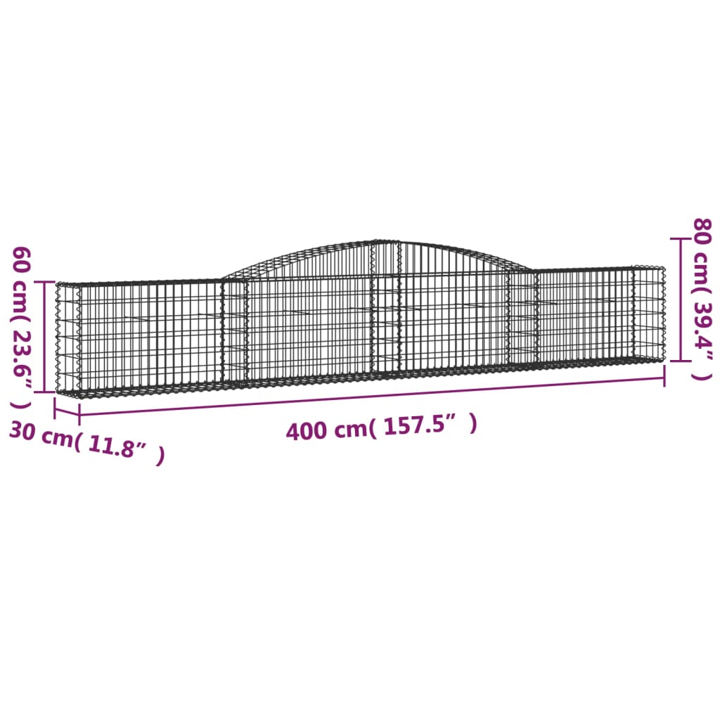 vidaXL arkveida gabiona grozs, 400x30x60/80 cm, cinkota dzelzs