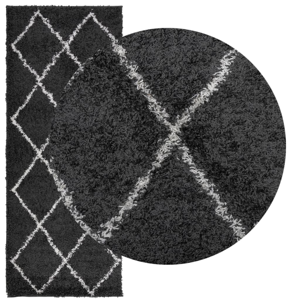 vidaXL paklājs PAMPLONA, 80x200 cm, Shaggy, moderns melns ar krēmkrāsu