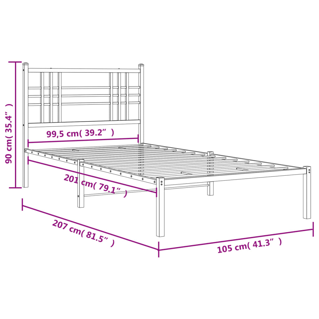 vidaXL gultas rāmis ar galvgali, melns metāls, 100x200 cm