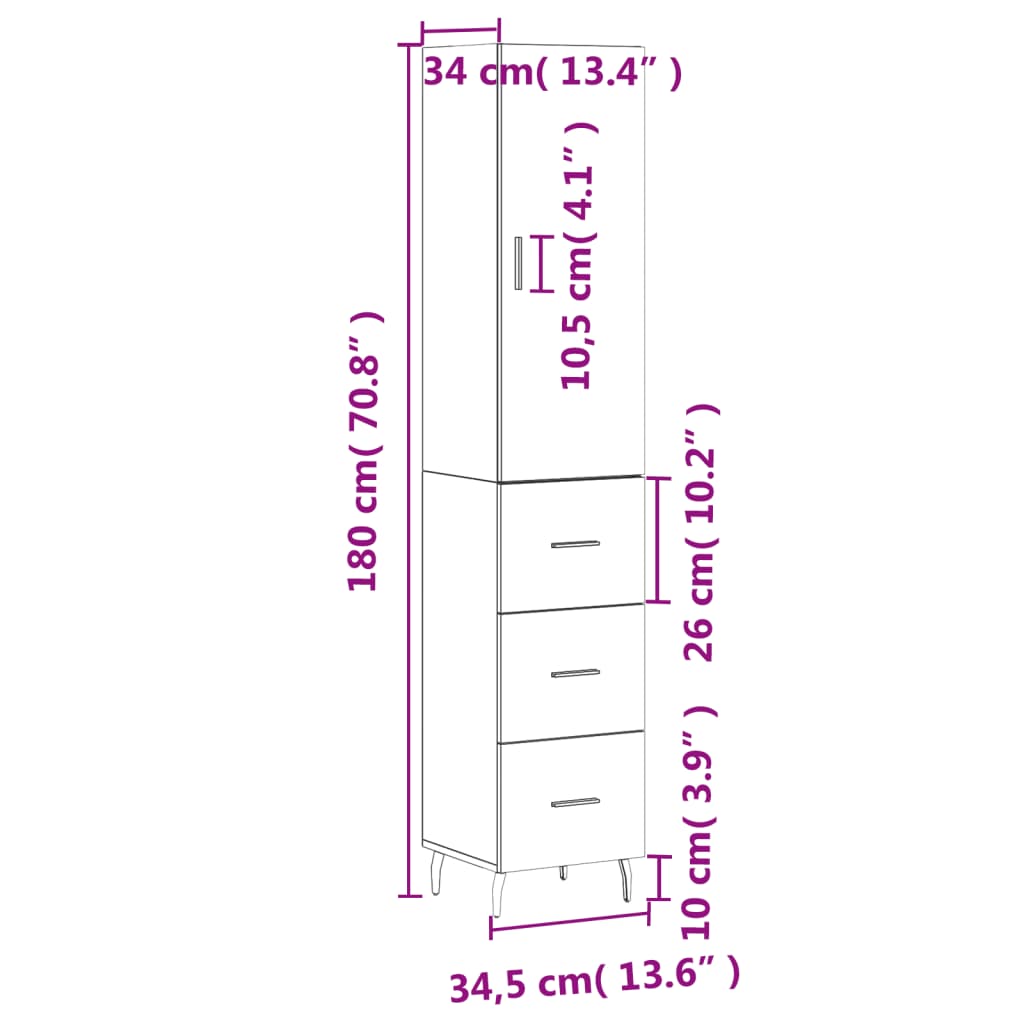 vidaXL augstais skapītis, ozolkoka, 34,5x34x180 cm, inženierijas koks