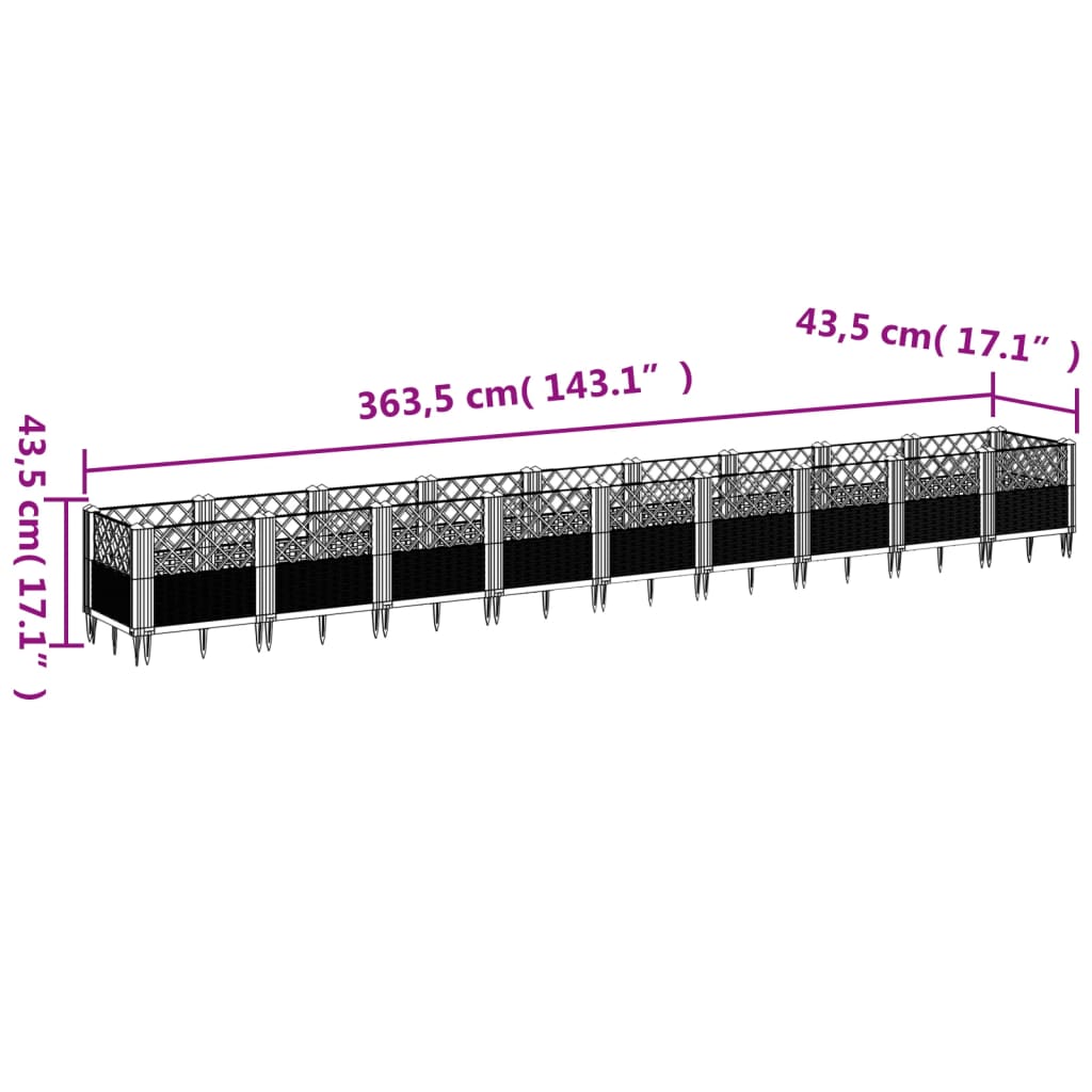 vidaXL dārza puķu kaste ar mietiņiem gaiši pelēka 363,5x43,5x43,5cm PP