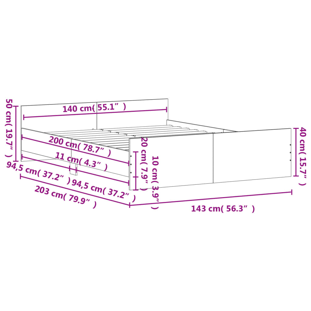 vidaXL gultas rāmis ar galvgali un kājgali, koka krāsa, 140x200 cm