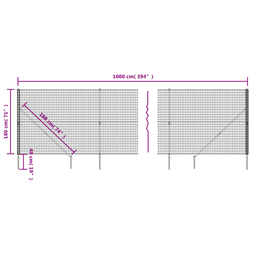 vidaXL stiepļu žogs ar zemes mietiņiem, antracītpelēks, 1,8x10 m