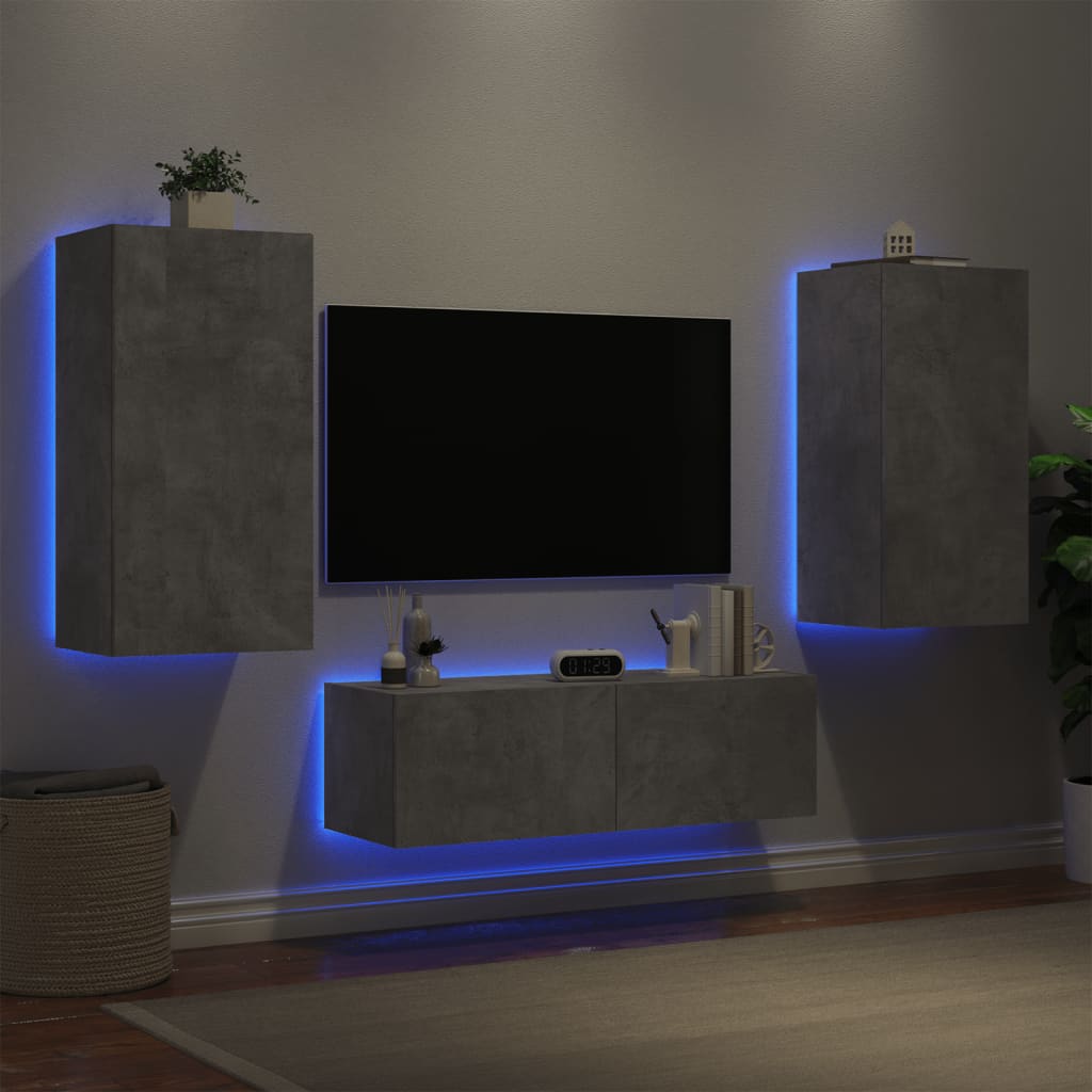 vidaXL TV sienas skapīši ar LED, 3 gab., betona pelēki