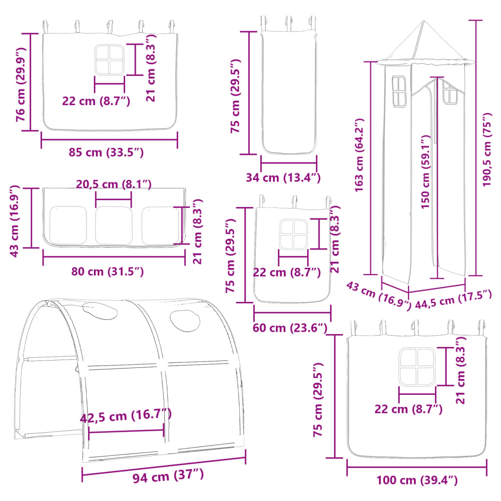 vidaXL augstā gulta ar aizkariem un slidkalniņu zils 80x200 cm priede