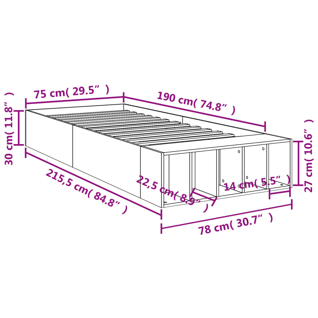 vidaXL gultas rāmis, ozolkoka krāsā, 75x190 cm, inženierijas koks