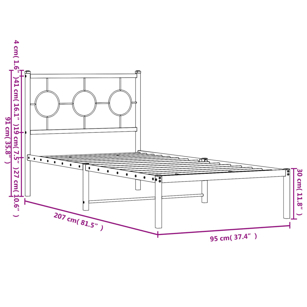 vidaXL gultas rāmis ar galvgali, melns metāls, 90x200 cm