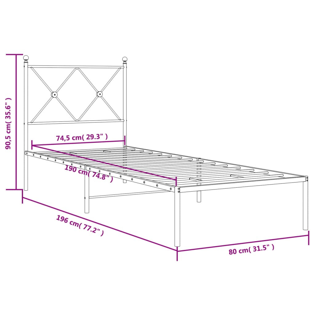 vidaXL gultas rāmis ar galvgali, melns metāls, 75x190 cm