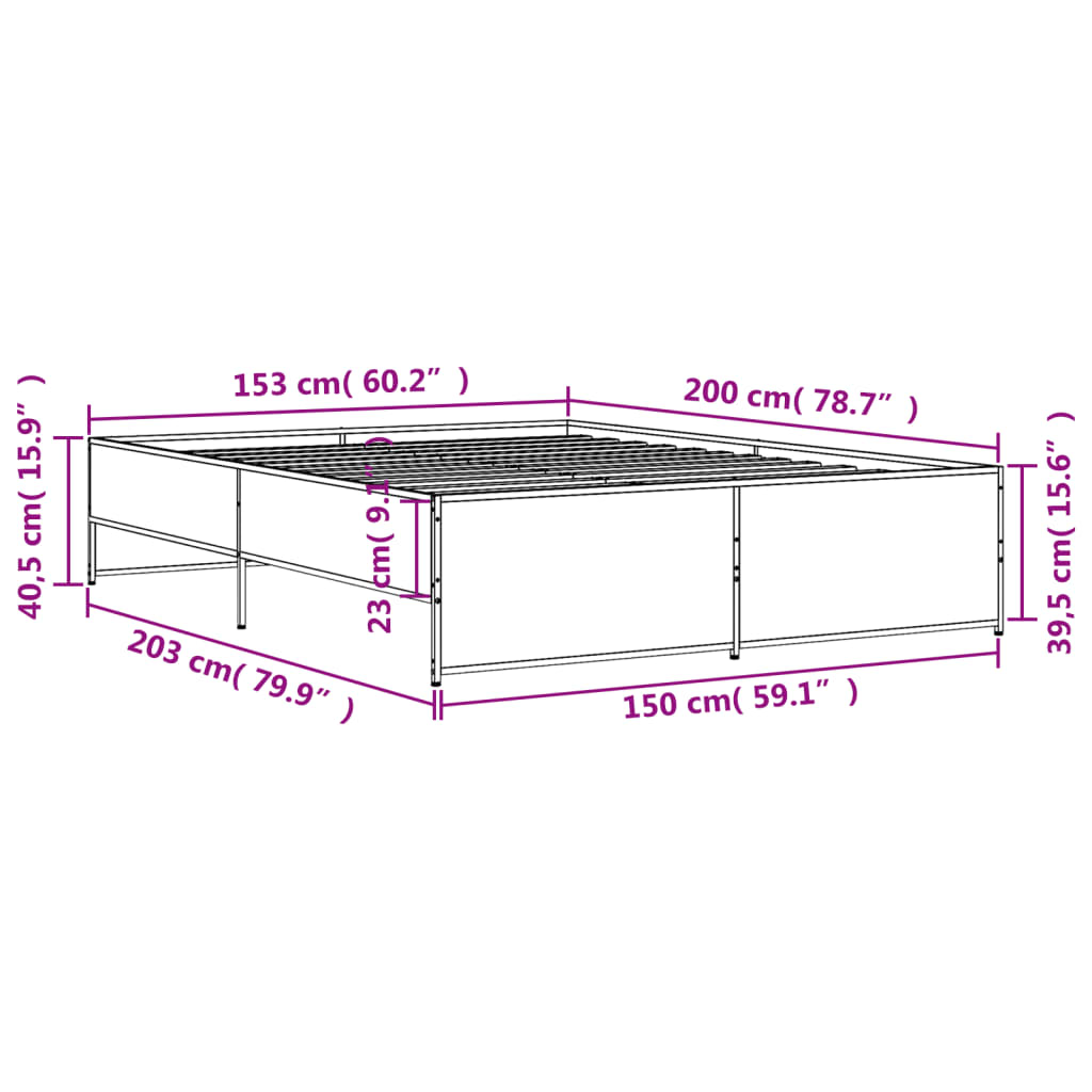 vidaXL gultas rāmis, ozola krāsā, 150x200cm, inženierijas koks, metāls