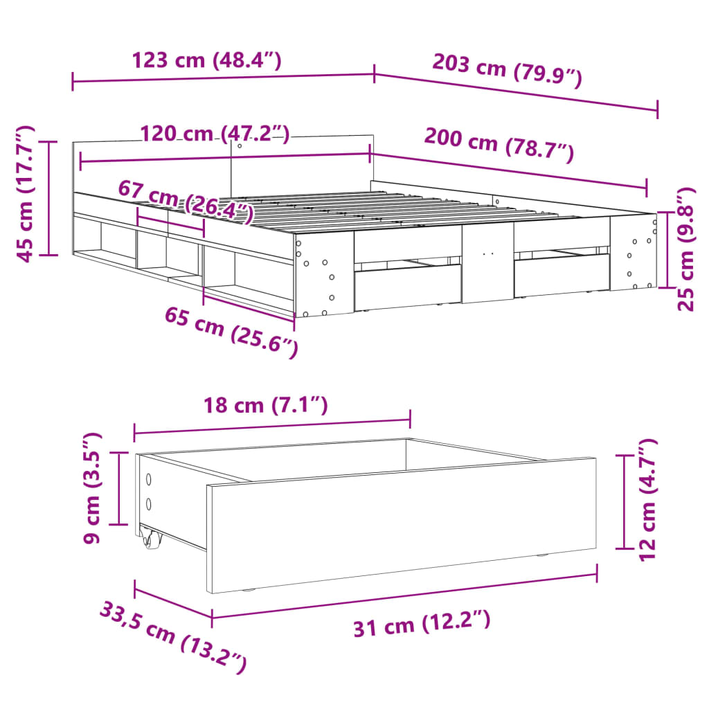 vidaXL gultas rāmis ar atvilktnēm, 120x200cm, inženierijas koks, balts