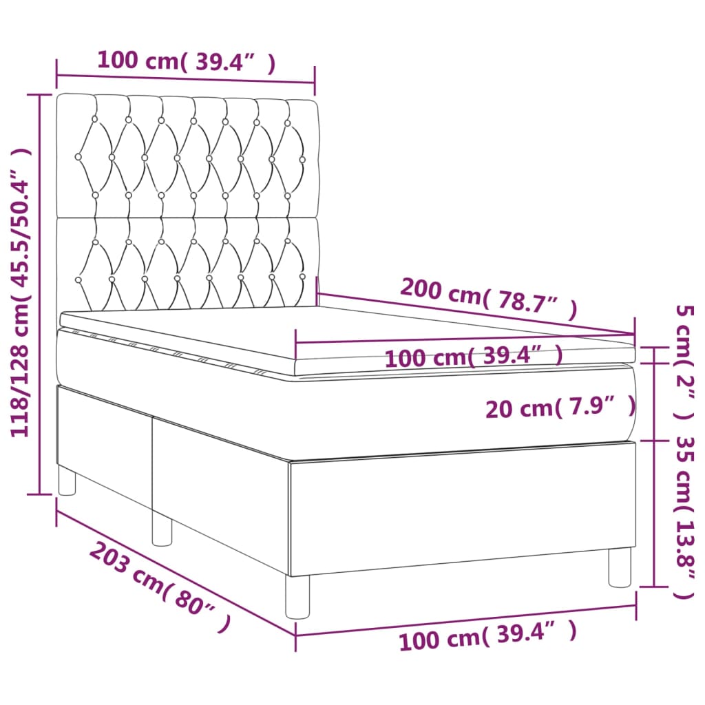 vidaXL atsperu gulta ar matraci, LED, tumši brūns audums, 100x200 cm