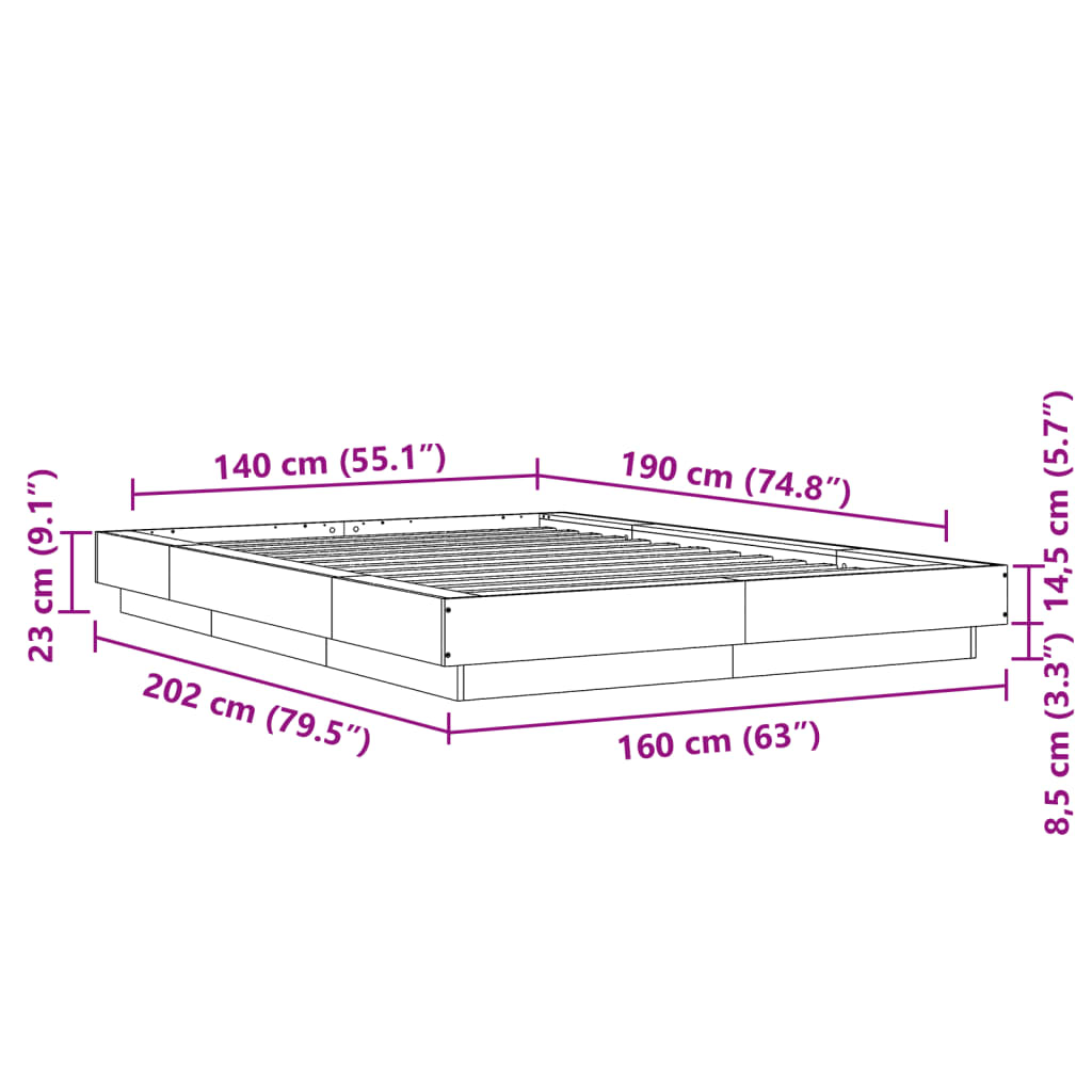 vidaXL gultas rāmis ar LED, brūns, 140x190 cm, inženierijas koks