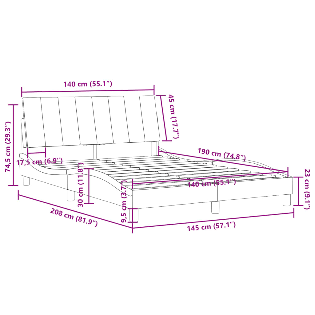 vidaXL gultas rāmis ar galvgali, zils samts, 140x190 cm