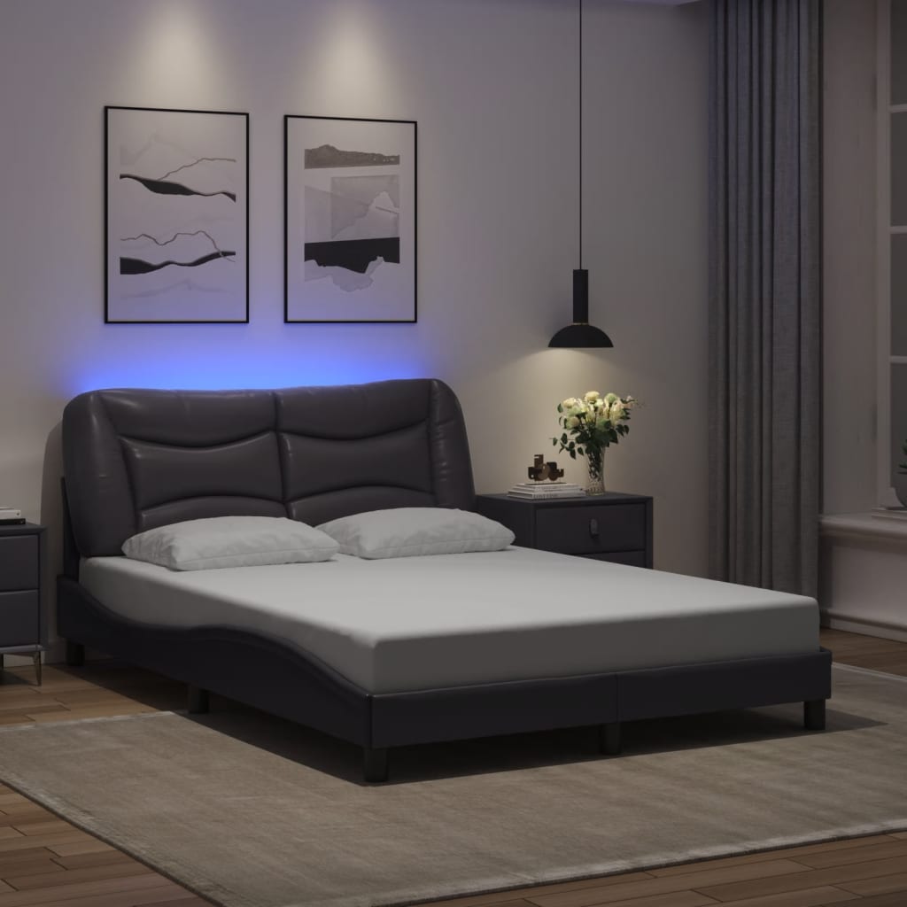 vidaXL gultas rāmis ar LED, pelēks, 140x190 cm, mākslīgā āda
