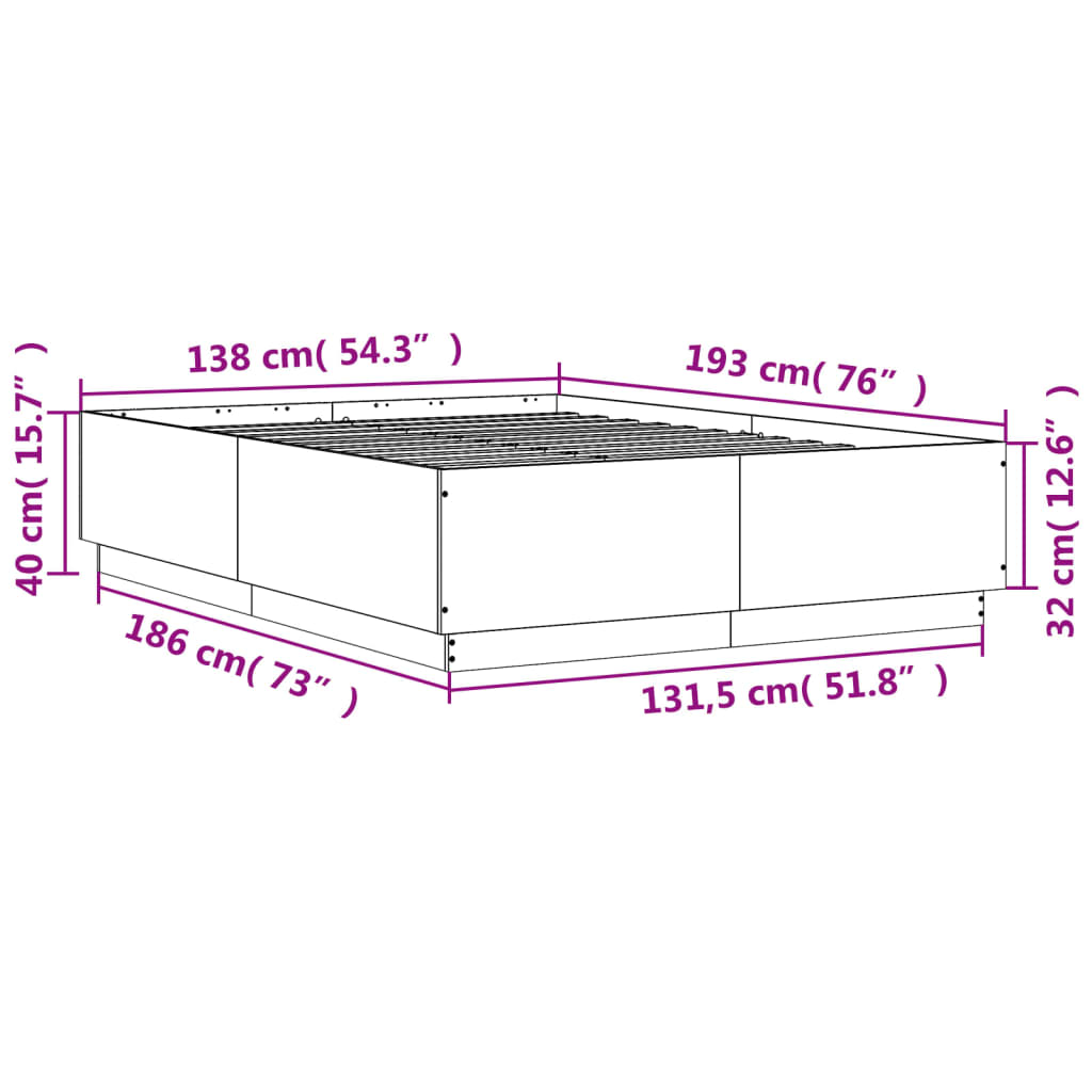 vidaXL gultas rāmis ar LED, brūna ozola, 135x190 cm, inženierijas koks