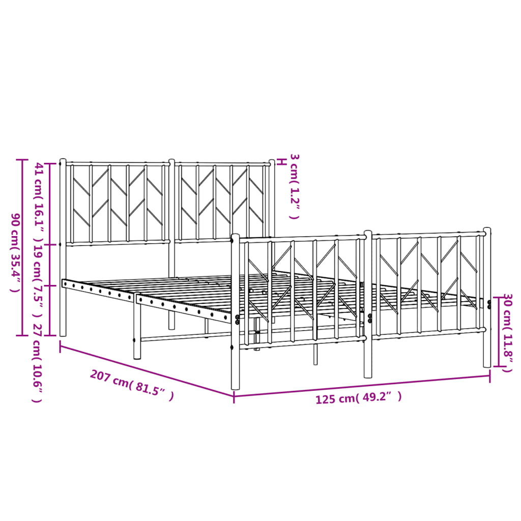 vidaXL gultas rāmis ar galvgali un kājgali, melns metāls, 120x200 cm